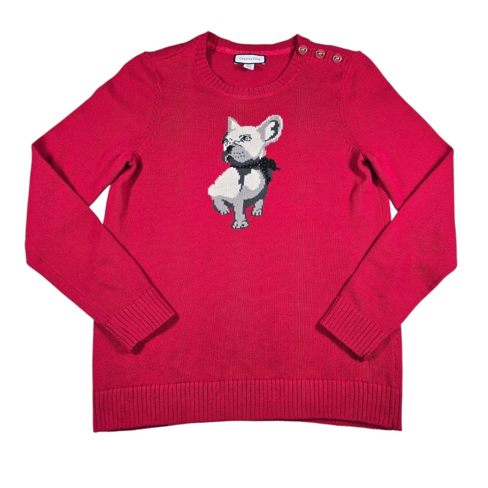 Charter Club Frenchie Dog Red Knit Button Cotton Blend Crewneck Sweater Womens S
